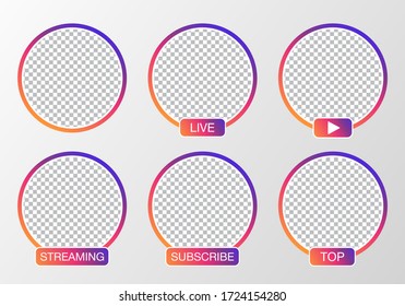 Social media avatar set. User icon, stories, LIVE video, streaming. Colorful gradient. Logo, symbol, sign. Vector illustration.