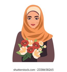 Social media avatar vector icon beautiful muslim woman. Muslim culture. Portrait of a young woman of national image. Flat vector illustration