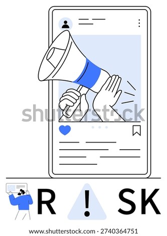 Social media awareness, content moderation, risk management, digital communication, responsible sharing, misinformation. Megaphone inside smartphone interface. Social media awareness and content