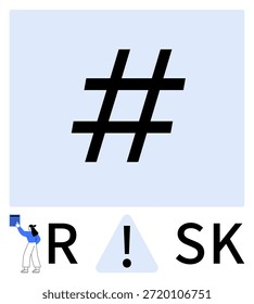 Social media awareness, online risks, digital caution, cybersecurity, internet culture, information handling. A metadata tag symbol, warning triangle and person holding a document. Social media
