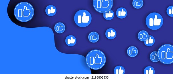 Social media background or banner with hand like icons. Modern horizontal blue background. Abstract wallpaper with blank copy space for text or presentation. Vector EPS 10