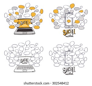 The Social Media background with computer, mobile phone, speech bubbles and other elements. The creative hand drawn collection of conversation, sharing and network for your design.