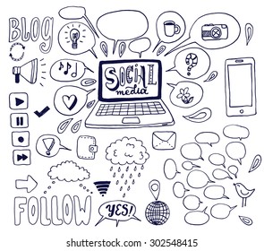 The Social Media background with computer, mobile phone, speech bubbles and other elements. The creative hand drawn collection of conversation, sharing and network for your design.