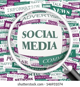 MEDIOS SOCIALES. Ilustración de wordcloud de concepto de fondo. Imprimir el concepto de nube de palabras. Collage gráfico con etiquetas y términos relacionados. Ilustración vectorial. 