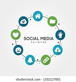 Social media background with icons: folder, like, cloud, smile, 
