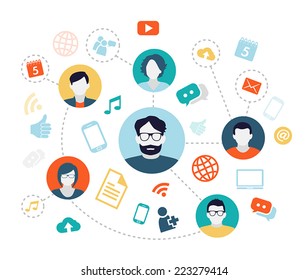 Social media background with people connecting through modern technology devices.