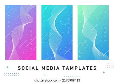 social media background templates. color abstract vertical templates for social media posting. trendy color gradients and memphis style decorations. geometric futuristic color shapes design