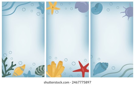 Social Media Backgrounds. Sea illustrations. Sea shells, seaweed, sea. Vector illustrations. 