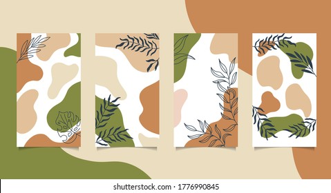 Social media backgrounds stories with abstract geometric design with green, brown and grey pastel colors hand painted shapes, leaf and lines. Modern neutral design for flyer, poster, card