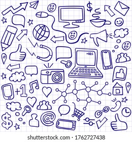 Social media ballpoint doodles set. Computer technology hand drawn icons. Vector illustration.