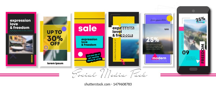 social media banner. Bright cover. Endless puzzle layout for promotion. Design backgrounds web pack. Mockup for personal blog, brand or shop. Set of stories and post frame. Style 90s 80s. 