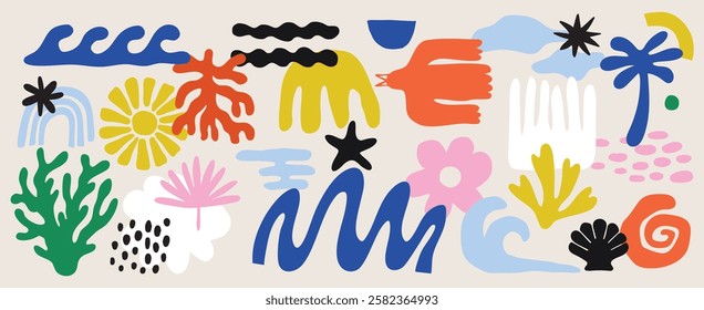 Social media banner. Colorful vector set of abstract summer doodles, organic shapes and forms. Hand drawn Matisse ocean collection. 