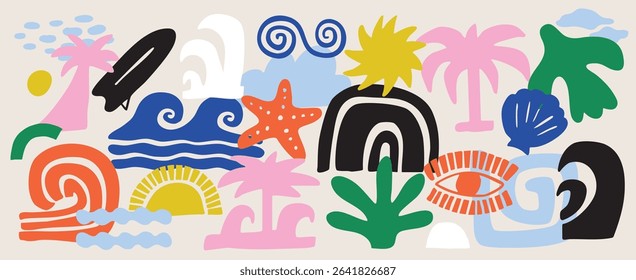 Social media banner. Colorful vector set of abstract summer doodles, organic shapes and forms. Hand drawn Matisse ocean collection. 