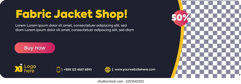 Social media banner or cover template in dark background. Cloth shop cover or banner template with space available for photo. Custom banner or cover. Buy now. Cloth sale promotion. Marketing banner