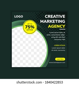 social media banner for creative marketing agency use square layout. green for background and element design. halftone dot pattern. quarter circle space for photo collage. 