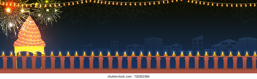 Social media banner decorated with temple, Bunting Lights, Bursting Fireworks for Diwali celebration.