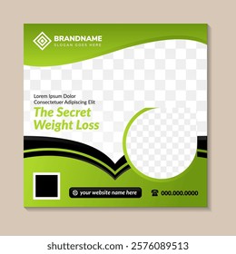 a social media banner design with headline is the secret weight loss. Space of photo collage and text. Advertising banner with square layout. green gradient background and black element.