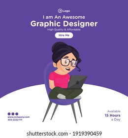 Social media banner design template. Girl graphic designer is sitting on a chair and working on a laptop. Vector graphic illustration.