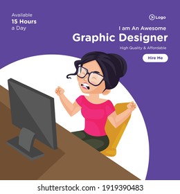 Social media banner design template. Girl graphic designer is sitting in front of a computer and getting angry. Vector graphic illustration.
