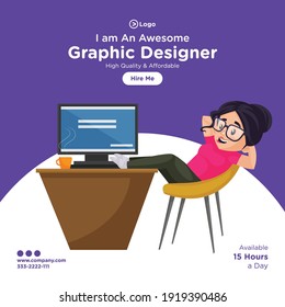 Social media banner design template. Girl graphic designer is sitting in a relaxing mood on a chair. Vector graphic illustration.