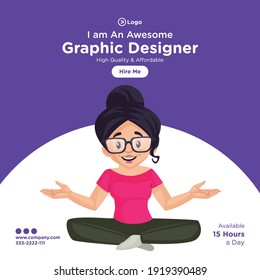 Social media banner design template. Girl graphic designer is sitting on the floor and doing exercise. Vector graphic illustration.