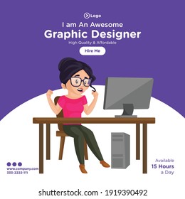 Social media banner design template. Girl graphic designer is working on a computer and getting happy. Vector graphic illustration.