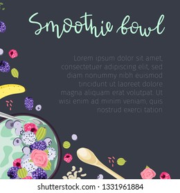 Social media banner design with vector illustrations. Healthy breakfast concept. Smoothie bowls with fresh berries, fruits, and nuts. Top view, flat lay.