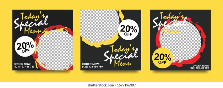 Social media banner for food and drink business. Food social media template for restaurant business. Modern social template post banner. Food discount post template.