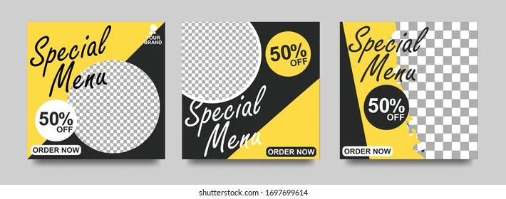 Social media banner for food and drink business. Food social media template for restaurant business. Modern social template post banner. Food discount post template.