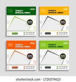 Cartel en los medios sociales para el negocio de la comida y bebida. Plantilla de medios sociales de comida para negocios de restaurantes. Pancarta de plantilla social moderna. Plantilla de publicación de descuento de comida.