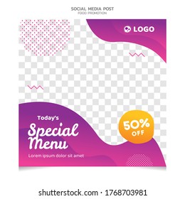 Social media banner for food and drink business. Food social media template for restaurant business. Modern social template post banner. Food discount post template.