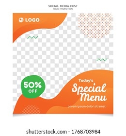 Social media banner for food and drink business. Food social media template for restaurant business. Modern social template post banner. Food discount post template.