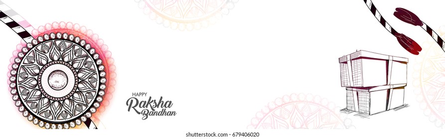 Social Media banner with hand drawn decorative rakhi and gift boxes for Indian Festival, Happy Raksha Bandhan.