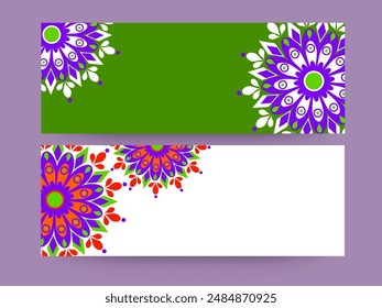 Social Media Banner or Header Decorated with Mandala Ornaments and Copy Space in Two Color Options.