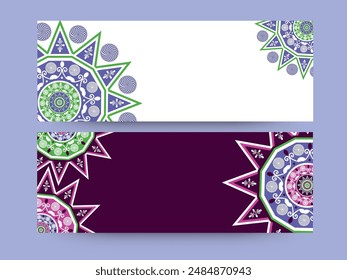 Social Media Banner or Header Decorated with Mandala Ornaments and Copy Space in Two Color Options.