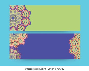 Social Media Banner or Header Decorated with Mandala Ornaments and Copy Space in Two Color Options.