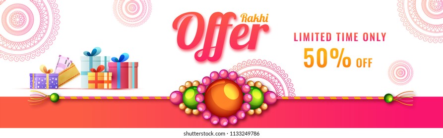 Social media banner or header design with 50% discount off offer, rakhi made by pearls and gift boxes for Raksha Bandhan celebration concept.