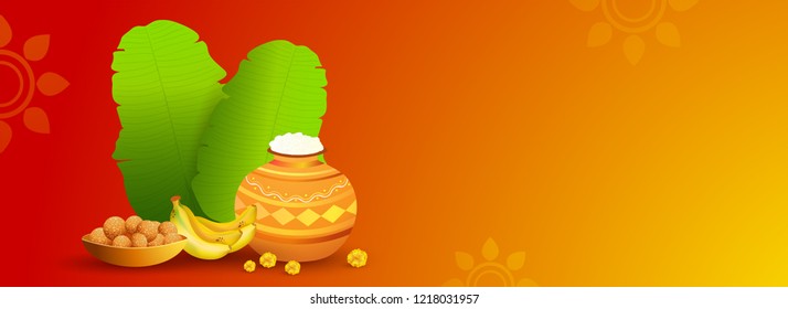 Social media banner or header design with traditional pot, sweets and banana leaves on orange floral background for Happy Pongal harvest festival celebration.