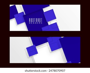 Social Media Banner or Header Set in Blue and White Abstract Geometric Design.