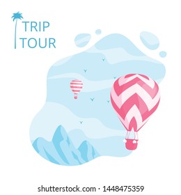 Social media banner hot air balloon vector illustration. Travel promotion banner template or online booking service concept with red hot air balloon on blue mountain landscape for social media promo