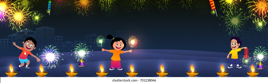 Social Media banner with illustration of cute kids enjoying firecrackers celebrating on occasion of Diwali Festival.