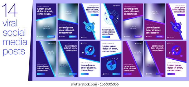 Social Media Banner Kit In Portrait Layout For Science And Tech Business Brands With A Inbound Marketing Strategy. Special Editable Set Of Mobile Optimized Posts And Stories For Content Marketing.