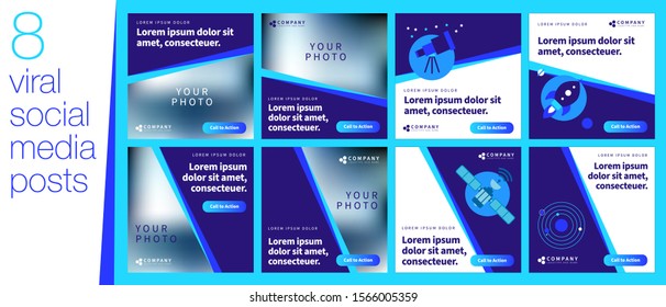 Social media banner kit in square 1:1 layout for science and tech business brands with a inbound marketing strategy. Special editable set of mobile optimized posts and stories for content marketing.