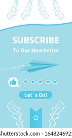 Social Media Banner Page Inviting Subscribe to Newsletter. Paper Plane Flying, Thumbs-up and Five Rating Star Design. Mobile Cover Layout. Email Marketing. Vector Flat Cartoon Illustration