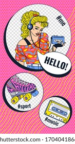 Social media banner or photo frame template with colorful disco music and fashion retro symbols, cartoon vector illustration isolated on transparent background.