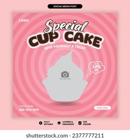 Social media banner post cup cake bakery template, social media banner post vector illustration.