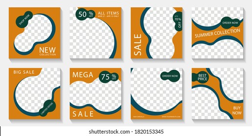 Social media banner post templates design with photo frames and sale text. Marketing announcement mockups abstract vector set. Sale promo banners with discount and new arrival offers.