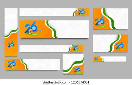 Social Media banner or poster set, Floral background decorated with indian flag colors for 26 January, Happy Republic Day celebration.