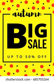 Social media banner or promotional card for autumn sale 50% off discount. Vector illustration for websites, mobile apps, brochures, flyers, corporate ads and other commercial. Flat modern design