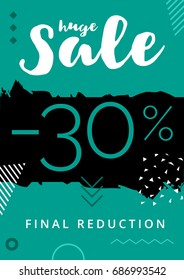 Social media banner or promotional card for huge sale 30% off discount. Vector illustration for websites, mobile apps, brochures, flyers, corporate ads and other commerce. Flat modern design